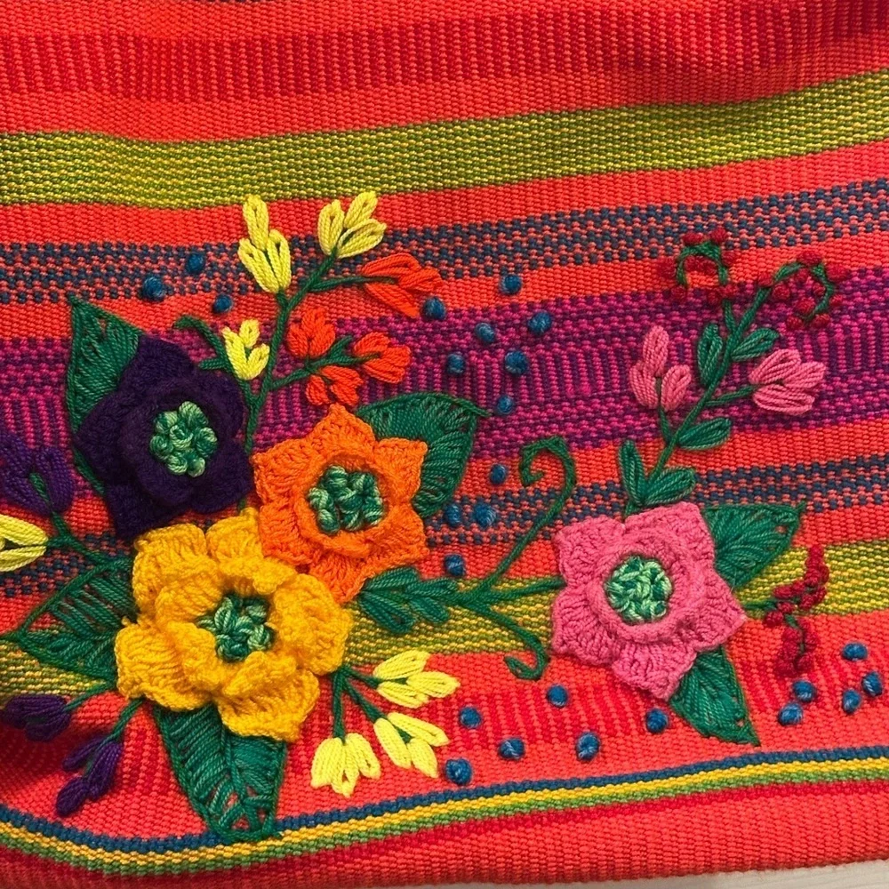 Red and Green Floral Embroidered Hobo Bag